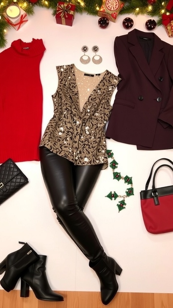 Flat lay of Christmas party outfits with leather leggings, featuring festive tops and stylish accessories.